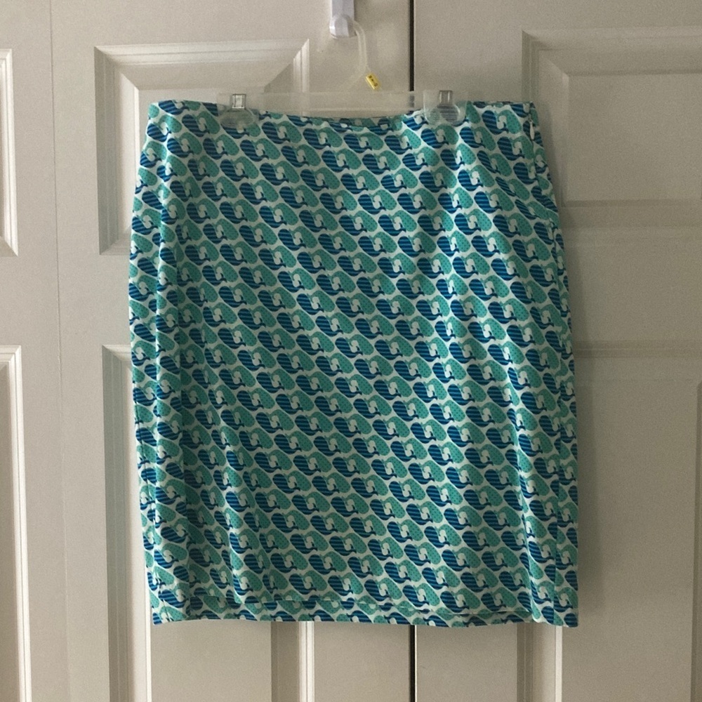 Talbots womens 8 whale print pencil skirt blue green cotton spandex nautical